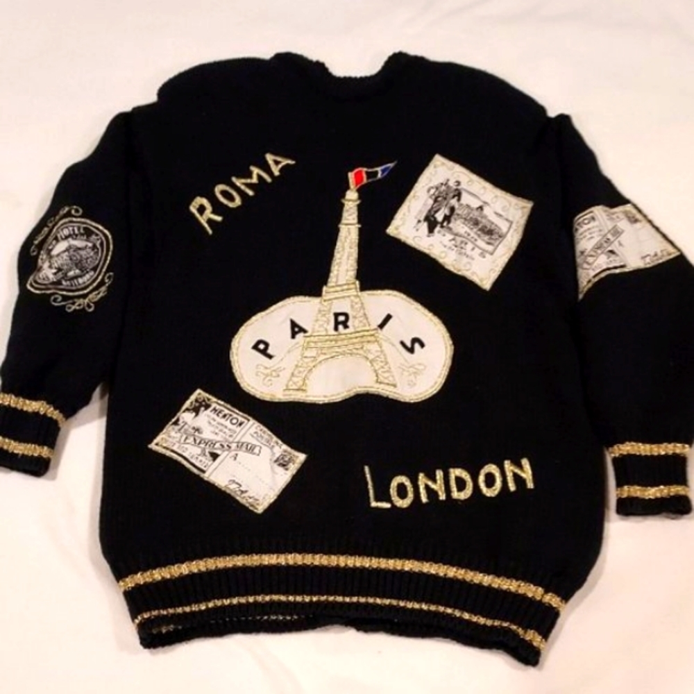 EUROPEAN TOUR BLACK COTTON KNIT SWEATER/JACKET.  GOLD GLITTER STITCHING ACCENTS